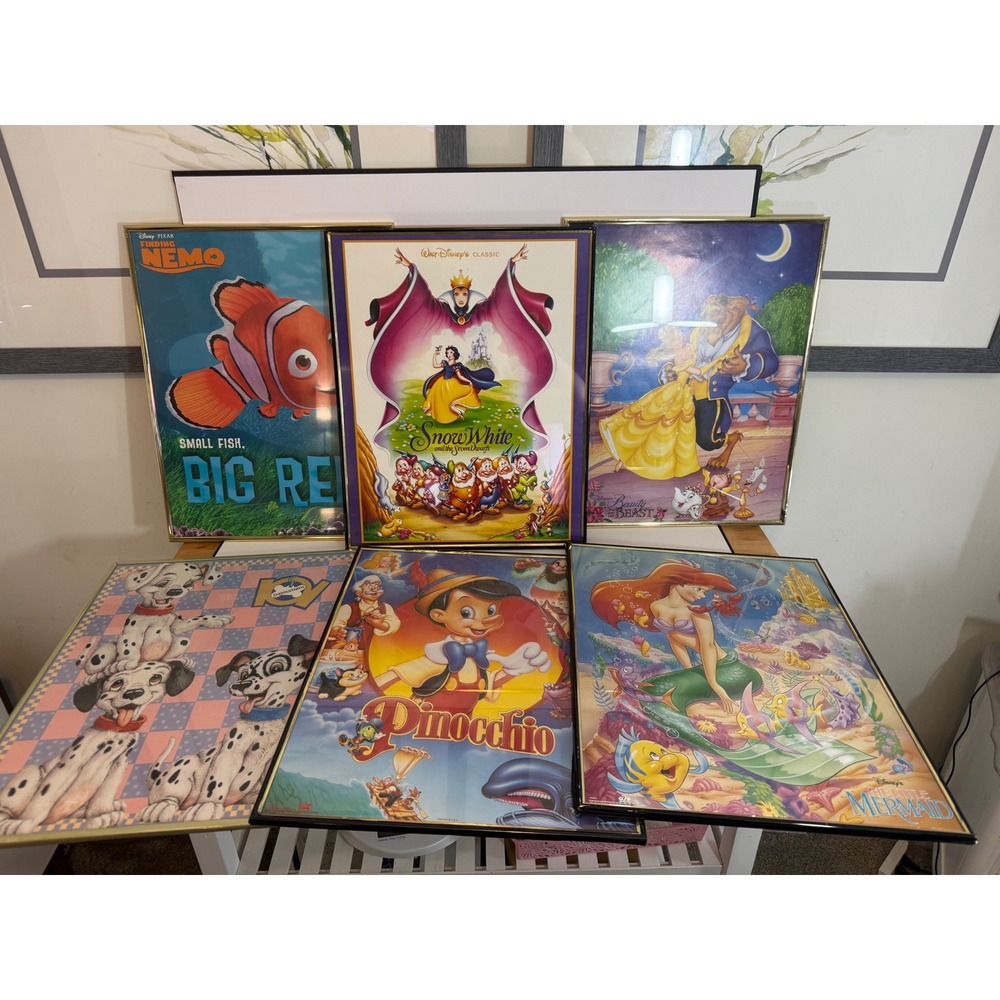 Vintage Disney Framed Poster Lot Snow White Pinocchio Little Mermaid Nemo 6pc